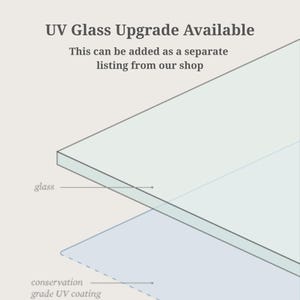 Pu&ograve; includere: Diagramma dell'aggiornamento del vetro UV, che mostra strati di vetro e rivestimento UV di grado di conservazione. Il testo recita: "UV Glass Upgrade Available. This can be added as a separate listing from our shop."