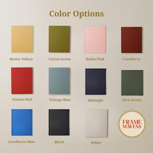 K&ouml;nnte beinhalten: Eine Farbkarte mit dem Titel Color Options zeigt elf rechteckige Farbfelder mit den Bezeichnungen Butter Yellow, Citron Green, Ballet Pink, Cranberry, Tomato Red, Vintage Blue, Midnight, Fern Green, Cornflower Blue, Black, White und ein Frame Mavens Logo.