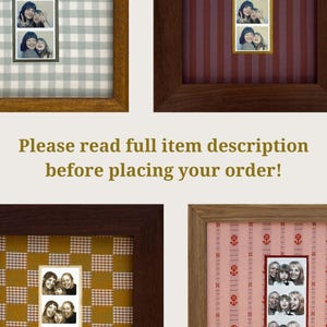 May include: Four wooden picture frames containing vertical photo strips of people. The backgrounds feature various patterns including light blue gingham, dark red stripes, mustard yellow checkered, and pink with small red floral motifs. Text reads: Please read full item description before placing your order!