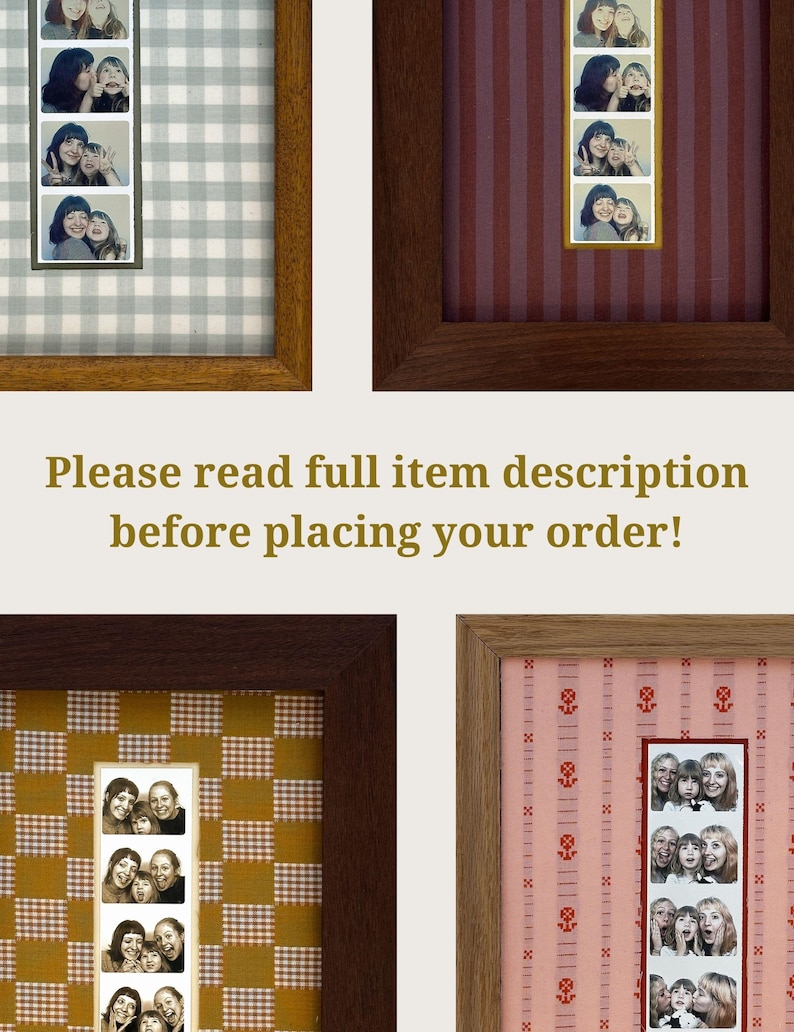 May include: Four wooden picture frames containing vertical photo strips of people. The backgrounds feature various patterns including light blue gingham, dark red stripes, mustard yellow checkered, and pink with small red floral motifs. Text reads: Please read full item description before placing your order!