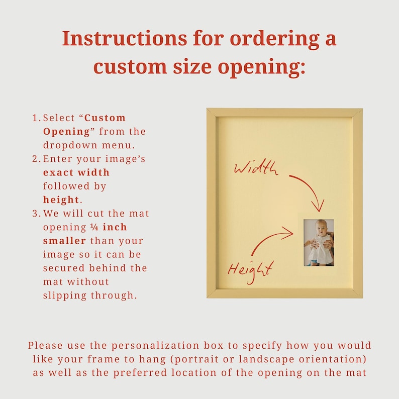 Pode incluir: Instru&ccedil;&otilde;es para encomendar uma abertura de tamanho personalizado, com um diagrama de uma moldura. O texto explica como selecionar um tamanho de abertura personalizado e proteger a imagem.