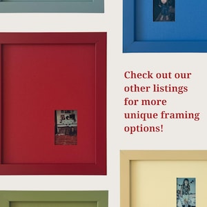 May include: A collection of rectangular picture frames in blue, red, yellow, and green, each containing a small photograph. The text "Check out our other listings for more unique framing options!" is printed in red on the light background.
