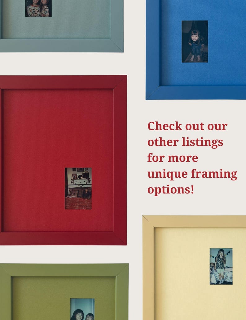 May include: A collection of rectangular picture frames in blue, red, yellow, and green, each containing a small photograph. The text "Check out our other listings for more unique framing options!" is printed in red on the light background.
