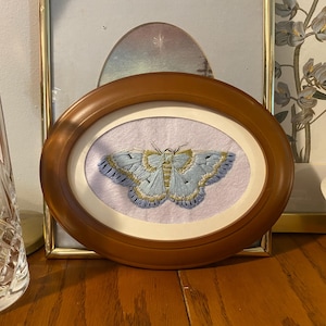 Hand Embroidered Teal Moth in Frame