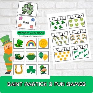 May include: St. Patrick's Day themed educational game set. Includes memory cards with shamrocks, rainbows, and gold coins. Also features cards for matching numbers and shapes. The text on the bottom reads "SAINT PARTICK 3 FUN GAMES".