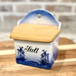 Salt Box Nautical Wall Salt Box Mid-Century Kitchen Salt Box Delft Style Ceramic Salt Box Blue White Salt Keeper Wood Lid Salt Container