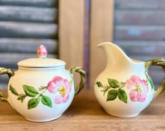 Franciscan Desert Rose Creamer and Sugar Bowl Set Vintage 1940s Hand Painted Pink Floral Cottage Decor