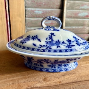 Flow Blue Serving Dish blue and white antique vegetable bowl footed serving dish ironstone china blue and white transferware classic English