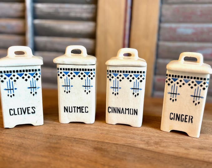 Art Deco Spice Canisters Czech Slovak kitchen canisters Blue Black ceramic container jars Rustic Farmhouse cottage kitchen décor European