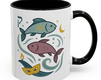 Kabbalah Zodiac Mug for Pisces Mazal Dagim Adar | Hebrew Jewish Astrology Coffee Mug with Poem and Symbolic Art | Kabbalistic Coffee Cup