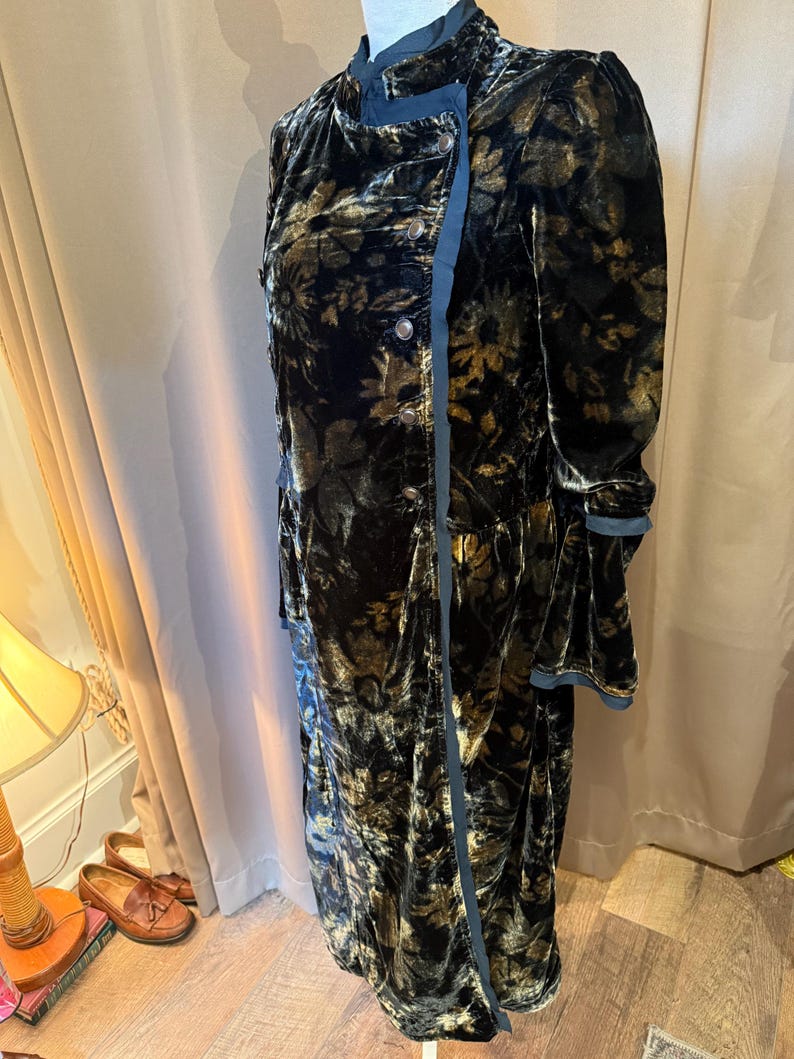 May include: A long, black velvet coat with a floral pattern in gold and olive green. The coat features a high collar, button closure, and a contrasting blue trim. The sleeves are long and flared.