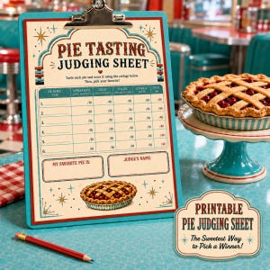 May include: A teal clipboard holding a Pie Tasting Judging Sheet with columns for appearance, crust, filling, and overall taste. The sheet features a red and teal border, star accents, and a cherry pie illustration. A red pencil lies nearby.