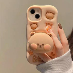 Cute 3D Cartoon Bear Phone Case with Stand – Full Cover Soft Silicone Shockproof Case for iPhone