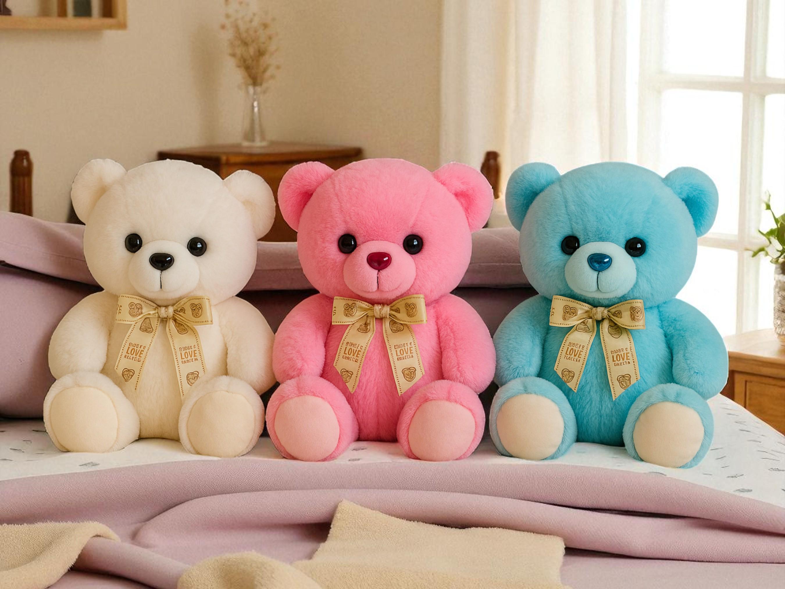 Plush Teddy Bear Love You Bow – Blue, Pink & White – Soft Stuffed Toy | Baby Shower Gift | Nursery Decor | Valentine’s or Birthday Gift