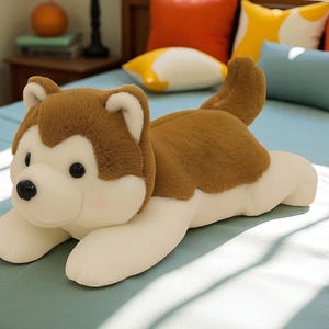 Brown White Husky Plush Toy – Soft Stuffed Animal Dog Pillow – Cute Kawaii Cuddly Puppy – Perfect Gift for Kids  Dog Lovers