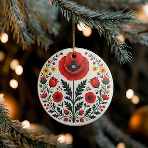 Polish Poppy Double-Sided Ceramic Ornament, Red Floral Folk Art Christmas Gift, Polish Flower Holiday Decor
