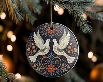 Czech Folk Art Doves Double-Sided Ceramic Christmas Ornament, Moravian Floral Bird Holiday Decor, European Folk Art Gift