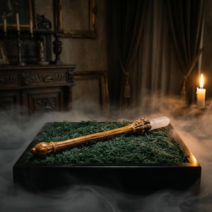 May include: A wooden wand with a crystal tip rests on a bed of green moss inside a black box. The wand has ornate gold-colored detailing on both ends. A lit candle and antique furniture are in the background.
