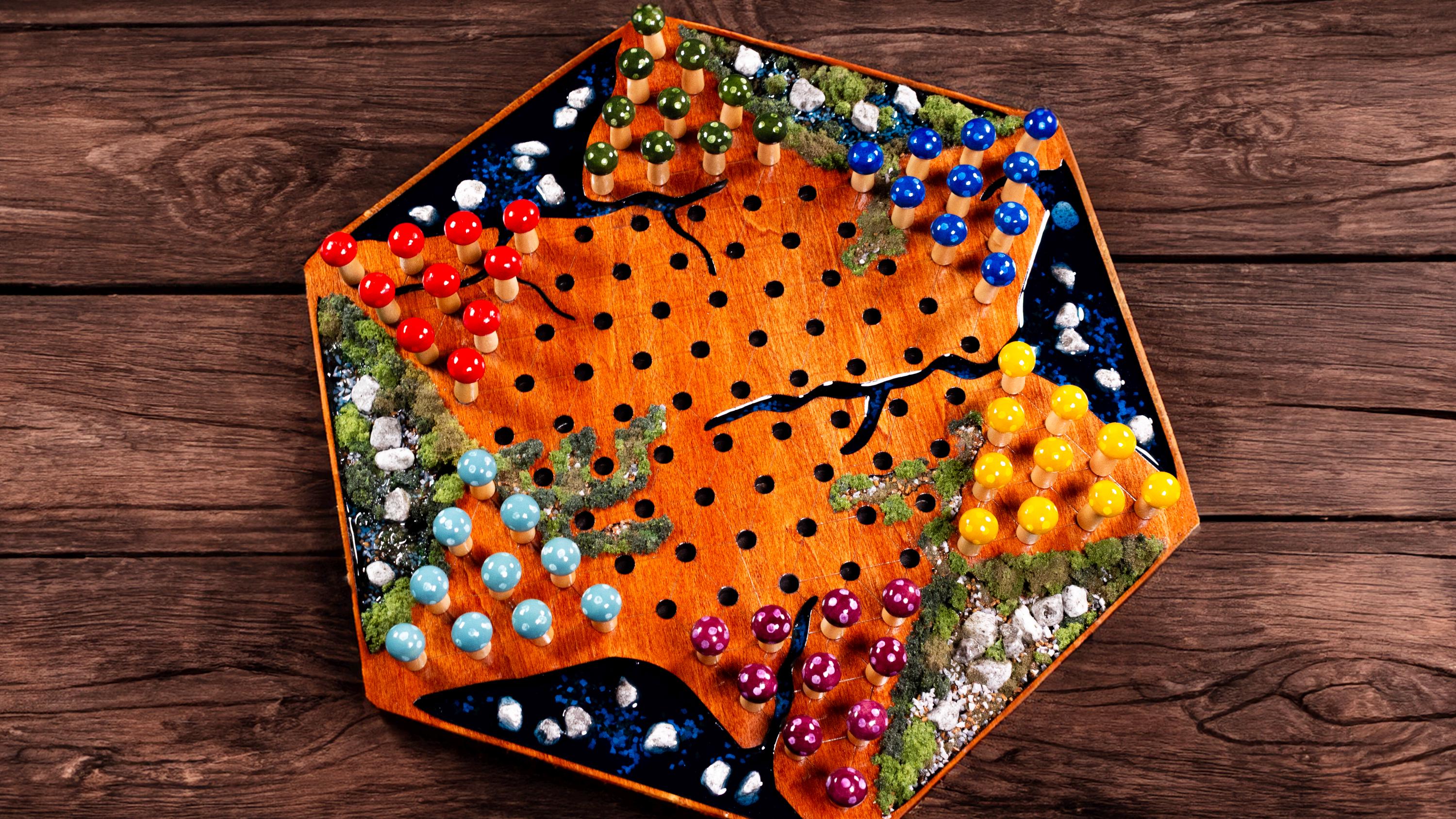 Handcrafted Woodland-Themed Chinese Checkers Board with Wooden Mushroom Game Pieces