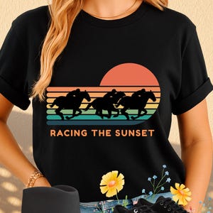 Retro Sunset Horse Race T-Shirt, Equestrian Derby Graphic Tee