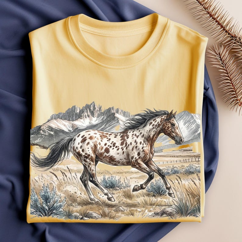 May include: A pale yellow t-shirt featuring a graphic illustration of a spotted horse running through a grassy field. In the background, there are detailed mountains under a clear sky. The artwork uses muted earth tones and shades of gray and white.