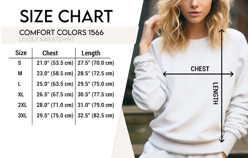 Puede incluir: Tabla de tallas para una sudadera unisex Comfort Colors 1566. La tabla muestra las medidas de pecho y largo en cm para las tallas S a 3XL. Una persona lleva la sudadera, con flechas que indican el pecho y el largo.