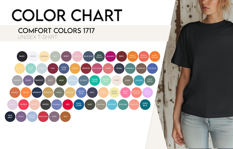Puede incluir: Carta de colores para camisetas unisex Comfort Colors 1717. La carta muestra una variedad de colores en muestras circulares, incluyendo negro, blanco y varias tonalidades de azul, verde, naranja y rosa. Una persona con una camiseta negra est&aacute; a la derecha.