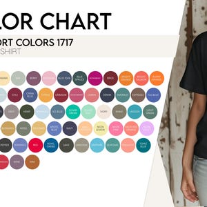 Może przedstawiać: Karta kolor&oacute;w dla koszulek unisex Comfort Colors 1717, z r&oacute;żnorodnością kolor&oacute;w w okrągłych pr&oacute;bkach. Karta zawiera odcienie takie jak czarny, biały, niebieski dżins i granatowy. Osoba w czarnej koszulce jest widoczna po prawej stronie.