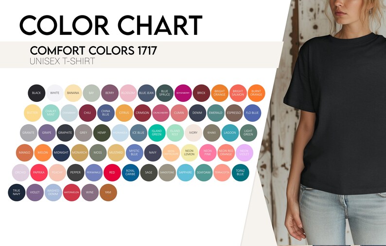 Może przedstawiać: Karta kolor&oacute;w dla koszulek unisex Comfort Colors 1717, z r&oacute;żnorodnością kolor&oacute;w w okrągłych pr&oacute;bkach. Karta zawiera odcienie takie jak czarny, biały, niebieski dżins i granatowy. Osoba w czarnej koszulce jest widoczna po prawej stronie.
