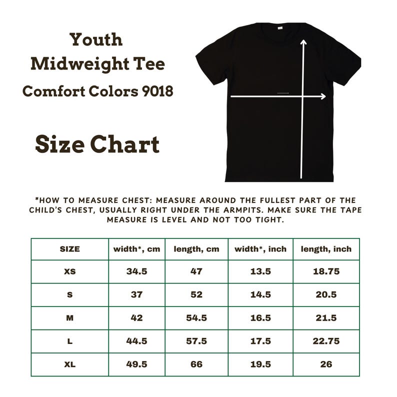 May include: A black short-sleeve t-shirt displayed with a size chart for Youth Midweight Tee Comfort Colors 9018. The chart lists measurements in inches and centimeters for sizes XS through XL, including width and length dimensions.