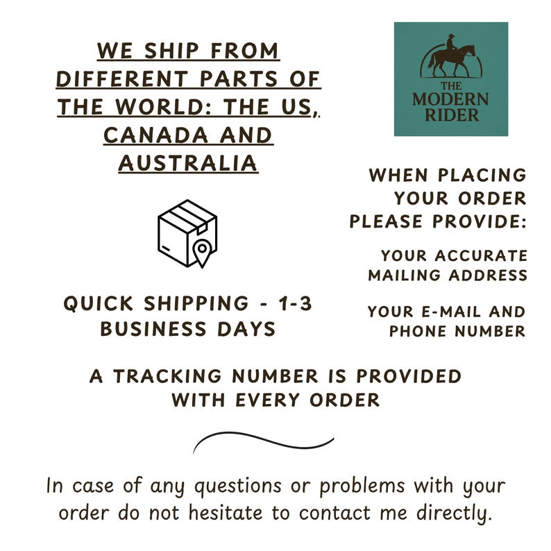 Puede incluir: Fondo blanco con texto: "ENVIAMOS DESDE DIFERENTES PARTES DEL MUNDO: EE. UU., CANAD&Aacute; Y AUSTRALIA." Tambi&eacute;n incluye un logotipo y el texto: "THE MODERN RIDER." Texto adicional: "ENV&Iacute;O R&Aacute;PIDO - 1-3 D&Iacute;AS H&Aacute;BILES."