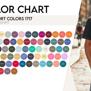 Może przedstawiać: Karta kolor&oacute;w dla koszulek unisex Comfort Colors 1717. Karta przedstawia r&oacute;żnorodne kolory w okrągłych pr&oacute;bkach, w tym czarny, biały i granatowy. Po prawej stronie znajduje się osoba w czarnej koszulce.
