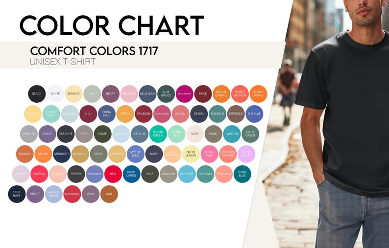 Może przedstawiać: Karta kolor&oacute;w dla koszulek unisex Comfort Colors 1717. Karta przedstawia r&oacute;żnorodne kolory w okrągłych pr&oacute;bkach, w tym czarny, biały i granatowy. Po prawej stronie znajduje się osoba w czarnej koszulce.
