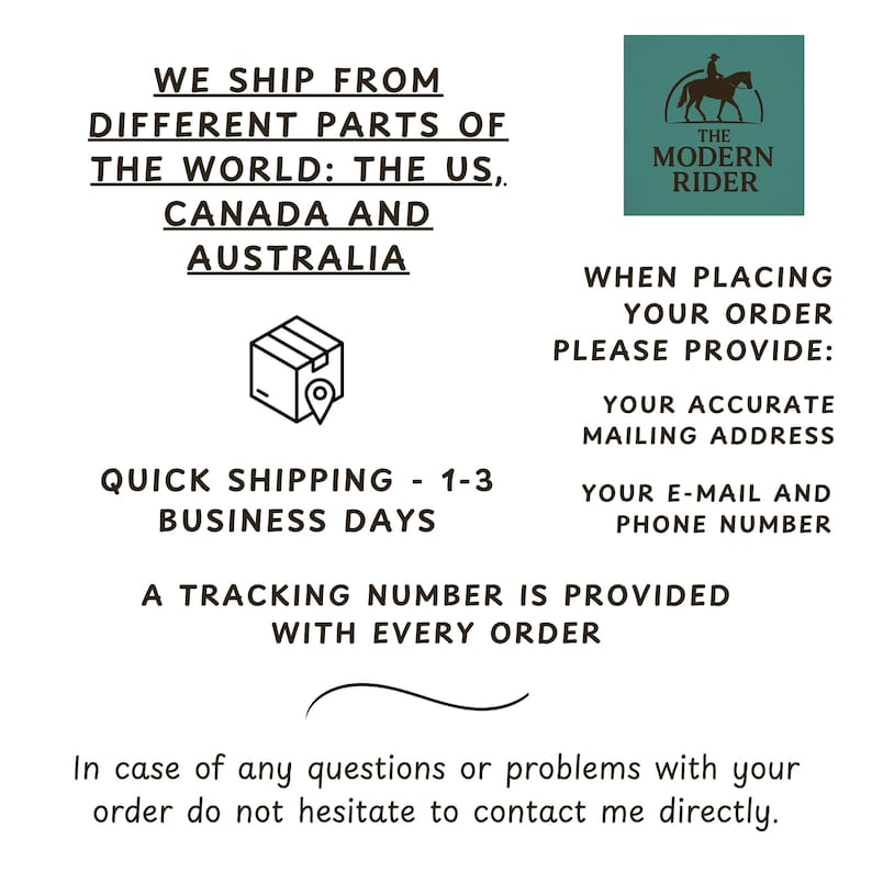 Może przedstawiać: Białe tło z tekstem: &bdquo;WYSYŁAMY Z R&Oacute;ŻNYCH CZĘŚCI ŚWIATA: USA, KANADY I AUSTRALII&rdquo;. Zawiera r&oacute;wnież logo i tekst: &bdquo;THE MODERN RIDER&rdquo;. Dodatkowy tekst: &bdquo;SZYBKA WYSYŁKA - 1-3 DNI ROBOCZE&rdquo;.