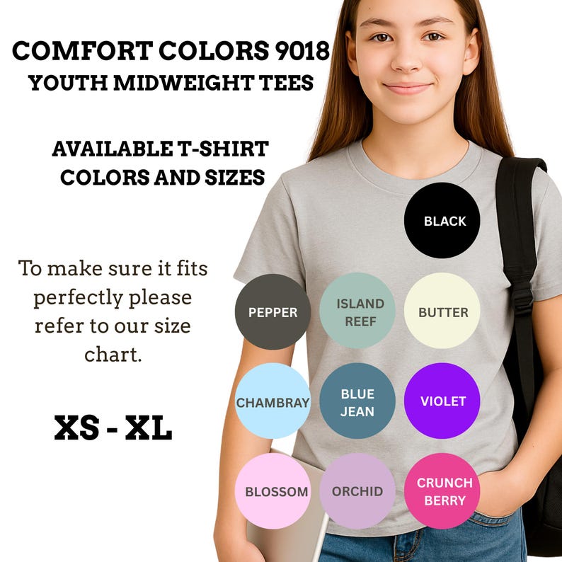 May include: A light gray t-shirt displayed with a color chart featuring nine circular swatches labeled Black, Pepper, Island Reef, Butter, Chambray, Blue Jean, Violet, Blossom, Orchid, and Crunch Berry. Text includes Comfort Colors 9018 Youth Midweight Tees.