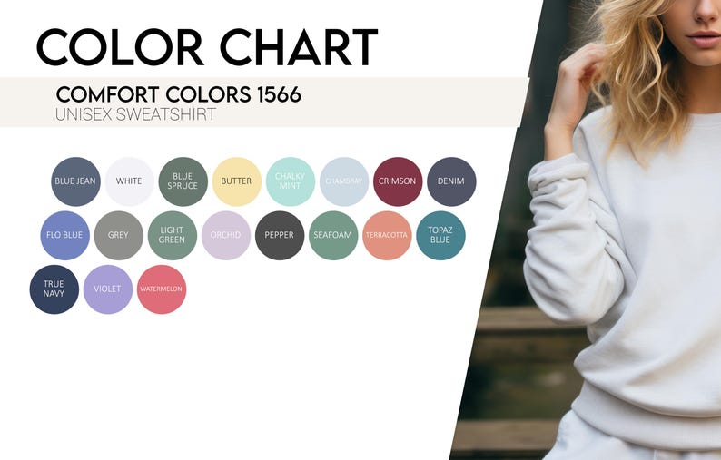 Puede incluir: Carta de colores para una sudadera unisex, con una paleta de 18 colores, incluyendo Azul Vaquero, Blanco y Crimson. El texto "COMFORT COLORS 1566" se muestra encima de las muestras de color. Una persona lleva una sudadera gris claro.