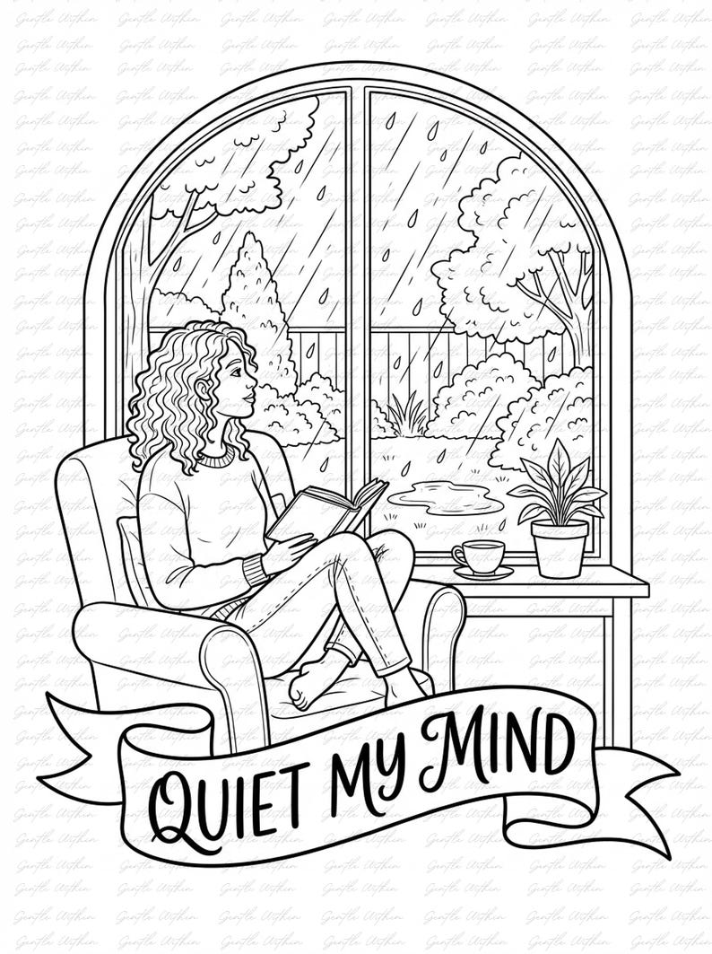 K&ouml;nnte beinhalten: Schwarz-Wei&szlig;-Illustration einer Person, die am Fenster liest, w&auml;hrend es regnet. Ein Banner unten zeigt "QUIET MY MIND". Eine Tasse Kaffee und eine Topfpflanze stehen auf einem Tisch. Eine entspannende Szene.