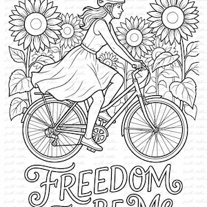 K&ouml;nnte beinhalten: Schwarz-Wei&szlig;-Illustration einer Person, die mit dem Fahrrad durch Sonnenblumen f&auml;hrt. Der Text "FREEDOM TO BE ME" befindet sich am unteren Rand des Bildes. Die Person tr&auml;gt einen Helm und ein Kleid.