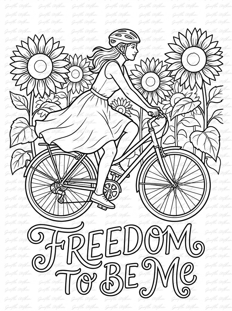 K&ouml;nnte beinhalten: Schwarz-Wei&szlig;-Illustration einer Person, die mit dem Fahrrad durch Sonnenblumen f&auml;hrt. Der Text "FREEDOM TO BE ME" befindet sich am unteren Rand des Bildes. Die Person tr&auml;gt einen Helm und ein Kleid.