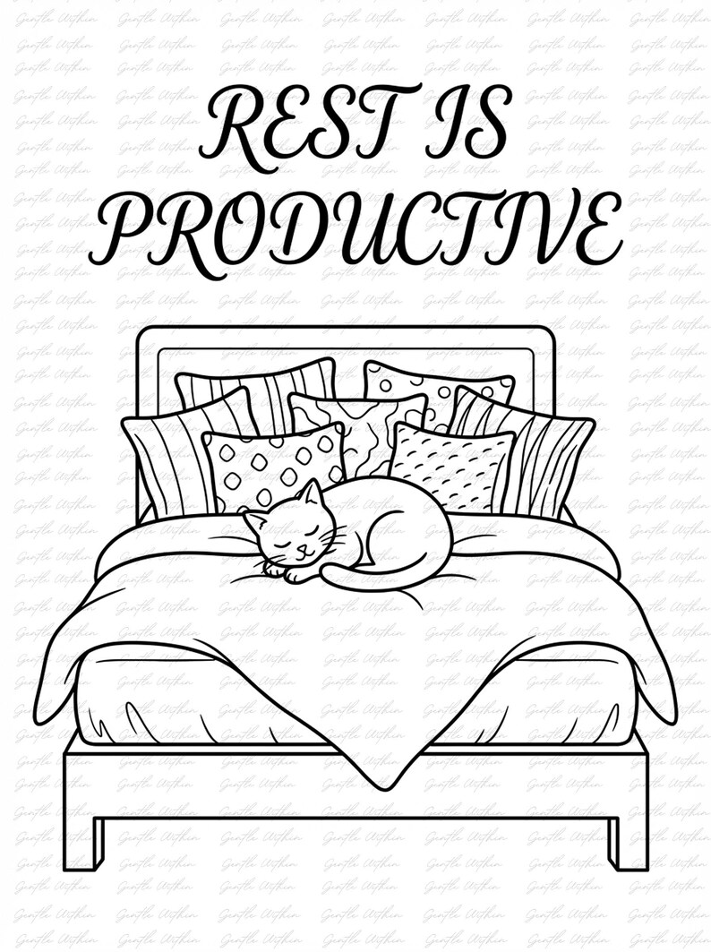 K&ouml;nnte beinhalten: Schwarz-wei&szlig;e Strichzeichnung eines Bettes mit Kissen und einer schlafenden Katze. Der Text "REST IS PRODUCTIVE" steht &uuml;ber dem Bett. Das Bett hat ein Kopfteil, Kissen mit verschiedenen Mustern und eine Decke.