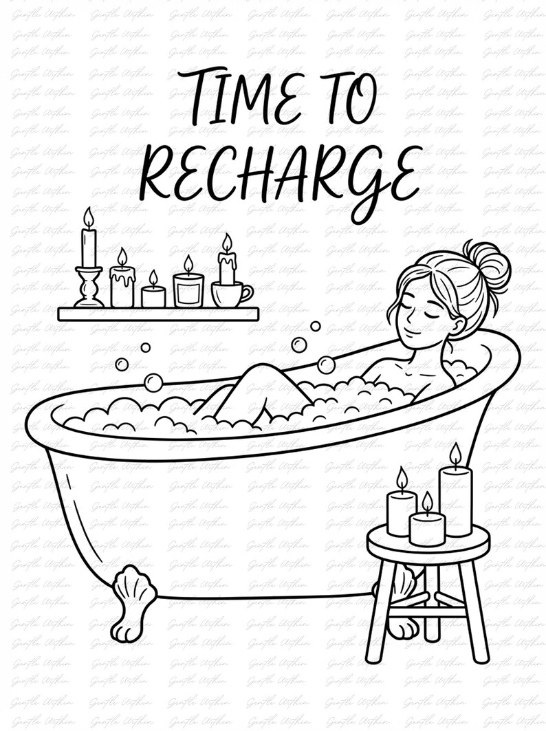 K&ouml;nnte beinhalten: Schwarz-Wei&szlig;-Strichzeichnung mit dem Text "TIME TO RECHARGE". Eine Person entspannt sich in einer mit Blasen gef&uuml;llten Badewanne. Kerzen stehen auf einem Regal und einem kleinen Hocker. Das Bild weckt ein Gef&uuml;hl der Entspannung und Selbstf&uuml;rsorge.