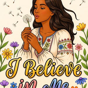 K&ouml;nnte beinhalten: Illustration einer Frau, die Pusteblumen-Samen pustet, umgeben von bunten Blumen. Sie tr&auml;gt eine wei&szlig;e Bluse mit floralen Stickereien. Der Text "I Believe in Me" ist in einer stilisierten Schrift geschrieben.