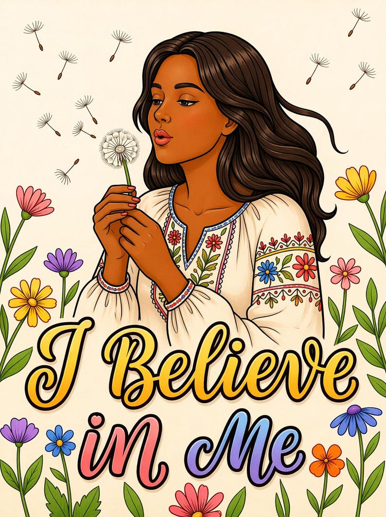 K&ouml;nnte beinhalten: Illustration einer Frau, die Pusteblumen-Samen pustet, umgeben von bunten Blumen. Sie tr&auml;gt eine wei&szlig;e Bluse mit floralen Stickereien. Der Text "I Believe in Me" ist in einer stilisierten Schrift geschrieben.