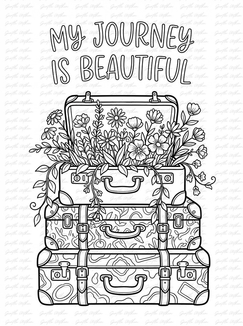 K&ouml;nnte beinhalten: Schwarz-Wei&szlig;-Illustration von drei gestapelten Koffern, die mit Blumen und Gr&uuml;nzeug &uuml;berf&uuml;llt sind. Der Text "MY JOURNEY IS BEAUTIFUL" steht oben. Die Koffer haben Griffe, Schnallen und dekorative Muster.