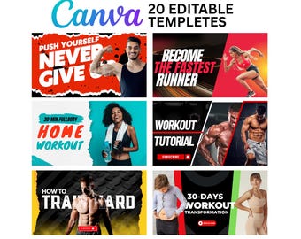 Può includere: Una raccolta di modelli di miniature di YouTube a tema fitness. Le miniature presentano testi come "Never Give", "Become the Fastest Runner" e "Home Workout". La parola "Canva" è ben visibile, insieme a "20 modelli modificabili".