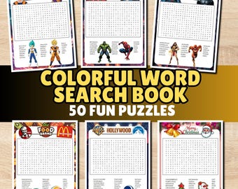 Op de afbeelding: Een kleurrijk woordzoekboek met 50 puzzels. Het boek bevat verschillende thema's, waaronder Marvel, DC, Dragon Ball Z en Kerstmis. Elke puzzel heeft een rand met gerelateerde afbeeldingen en tekst. Op de cover staat "COLORFUL WORD SEARCH BOOK 50 FUN PUZZLES."