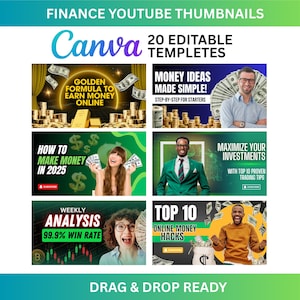 May include: A collection of six YouTube thumbnail templates for finance topics. The thumbnails feature text like "Golden Formula to Earn Money Online" and "Top 10 Online Money Hacks." The Canva logo is prominently displayed.
