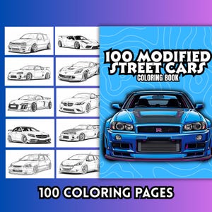Pode incluir: Um livro para colorir intitulado "100 Modified Street Cars Coloring Book" com uma capa azul com um carro desportivo azul. O livro inclui desenhos a traço de vários carros modificados. O texto "100 Coloring Pages" está na parte inferior.