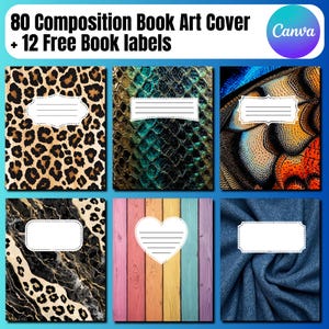 Pode incluir: Uma coleção de capas de livros de composição com vários designs, incluindo estampa de leopardo, escamas de cobra e texturas de ganga. Cada capa apresenta um rótulo branco para personalização. A imagem inclui o texto "80 Composition Book Art Cover + 12 Free Book labels".