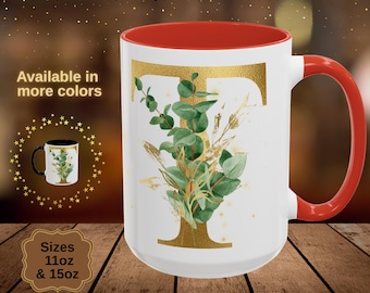 Gold Floral Monogram Mug - Personalized Initial Ceramic Cup, 11oz or 15oz